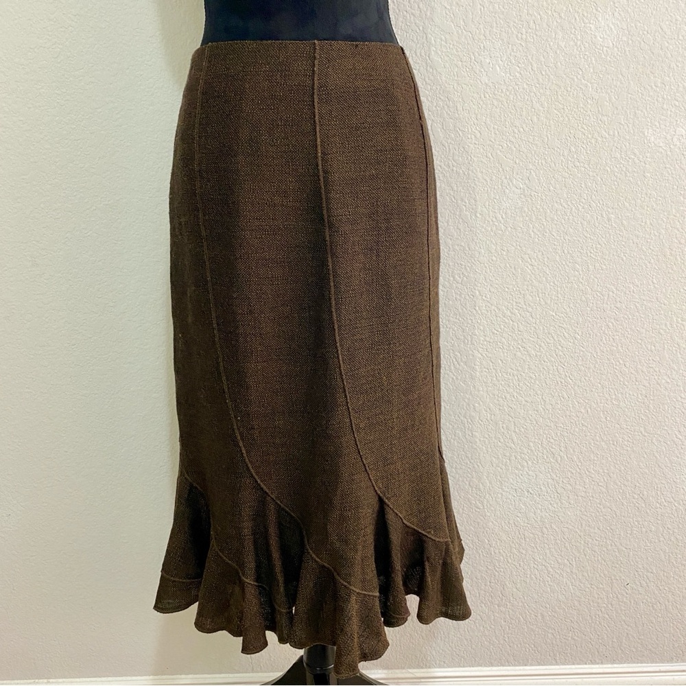 ETCETERA Brown Wool Silk Blend Ruffle Hem Skirt Size 6 Lined Luxe Career